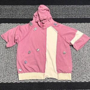 Easel Patchwork Hoodie Raw Edge Distressed Short Sleeve Oversized Lagenlook Sz L